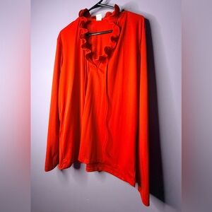 Vtg 60s 70s Red Ruffle Blouse Disco Mod Long Sleeve Polyester Top Women’s XL